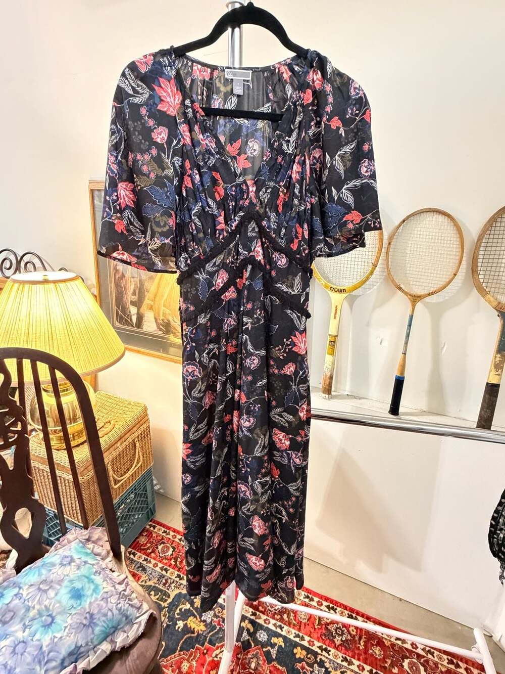 Pretty Dark Romantic Floral Midi Sheer Black Dress Boho Flare Ruffled Hem